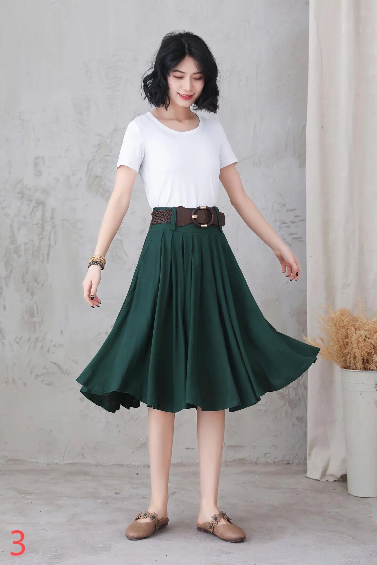 Gray Cotton Linen Pleated Midi Skirt - Flare Circle Swing Silhouette 5801