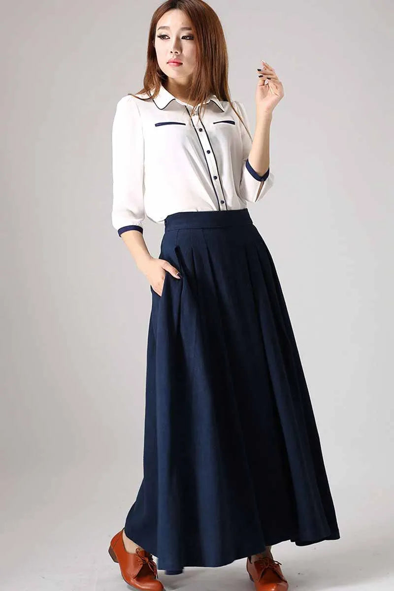 Navy Linen Cotton Maxi Skirt - High Waist A-Line Pleated Silhouette 855