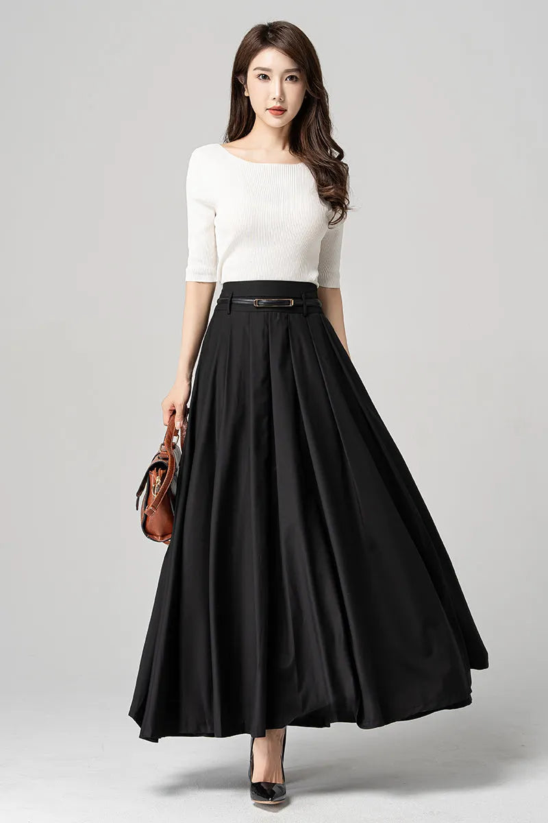 Black Polyester Pleated Maxi Skirt - Flowy Ankle Length 4189