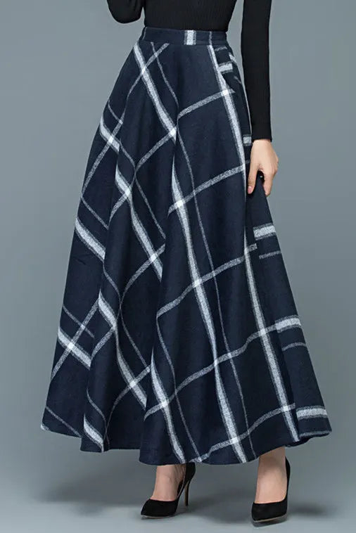 Navy Wool Plaid Maxi Skirt - Full Flowy Silhouette 3915