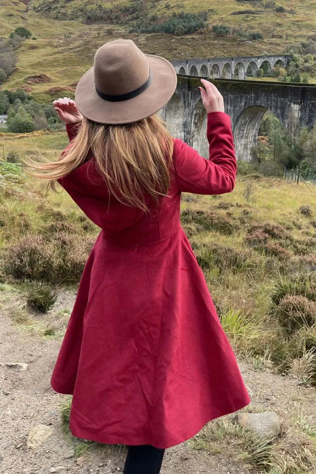 Wine Red Wool Coat - Fit and Flare, Hooded Knee-Length 3231