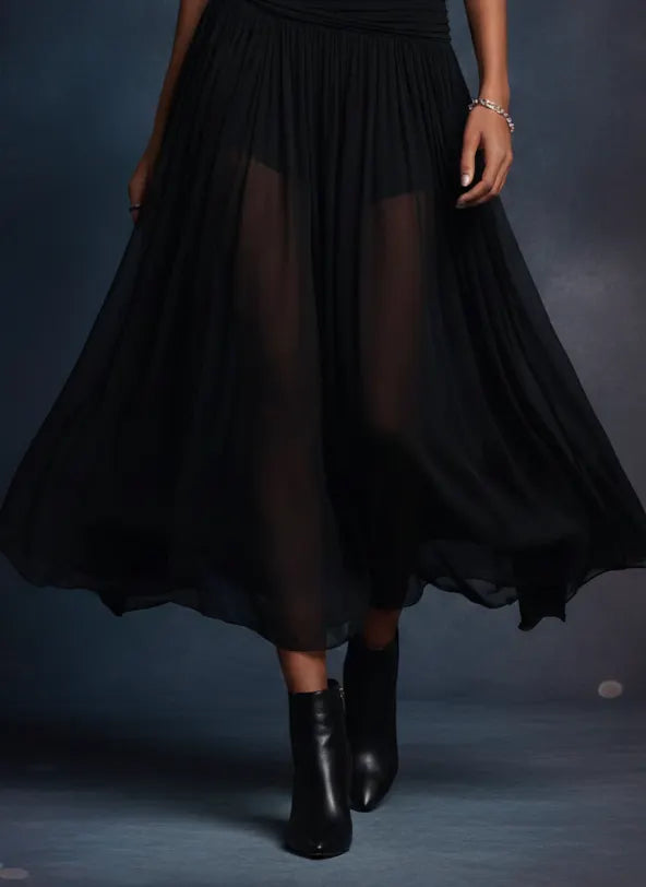 Boho Western Black  Stretchy Maxi  Dress With Sheer Skirt