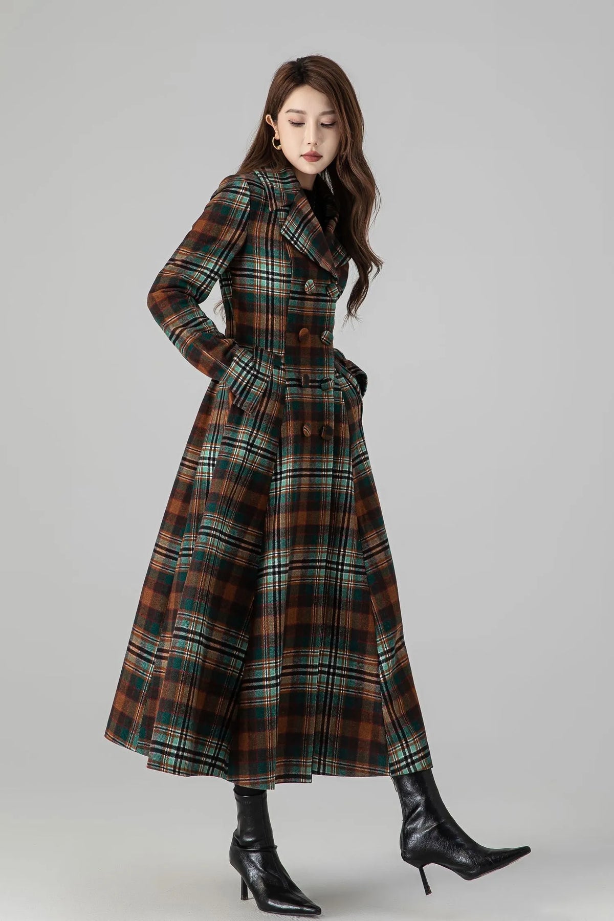 Brown Wool Fit-and-Flare Long Coat - Double-Breasted Plaid 4510