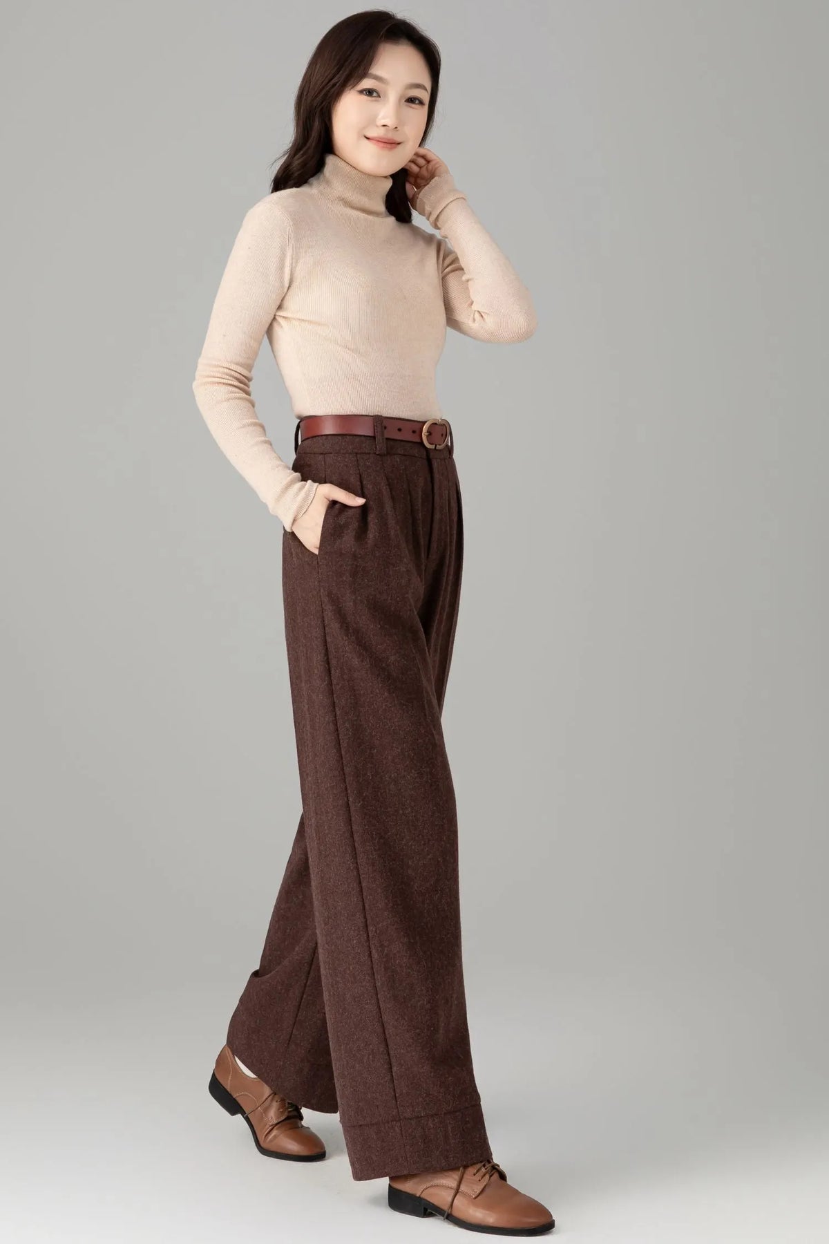 Women’s Chocolate Wool Trousers – Elegant Handmade High-Waist Pants 
