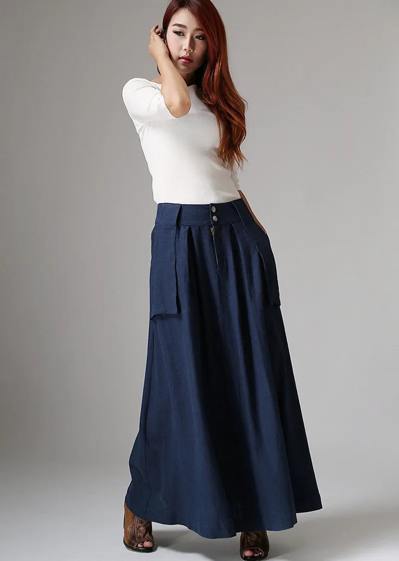 Blue Linen Cotton Maxi Skirt - Flowy Silhouette with Big Pockets 1036
