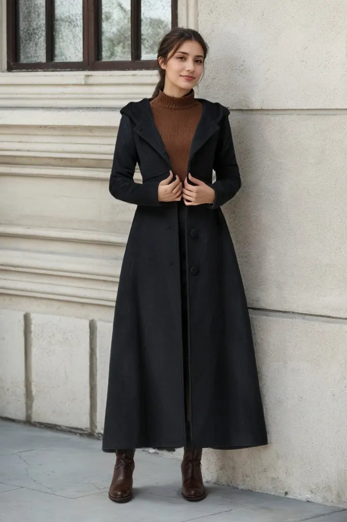 Black Wool Hooded Coat – Vintage A-Line Maxi Overcoat for Women 1839