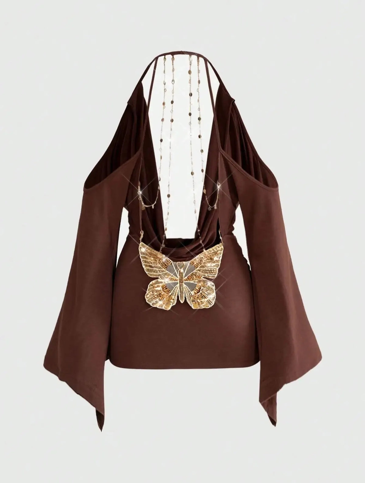 Brown Halter Cowl Neck Off-Shoulder Flare Sleeve Chain Backless Mini Dress