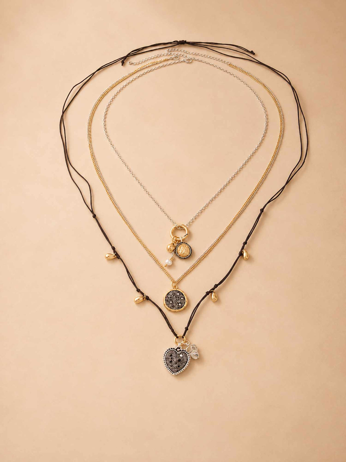 Vintage Coin & Heart Pendant Layered Alloy and Cord Spring/Summer 2026 Women's Boho Necklace Set