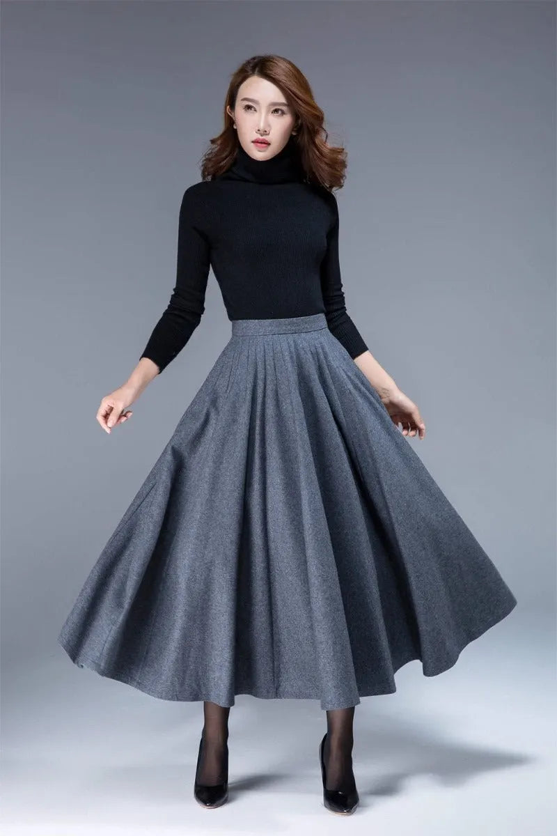 Handmade Gray Wool Circle Skirt – Vintage High Waist Full Midi with Pockets 1802