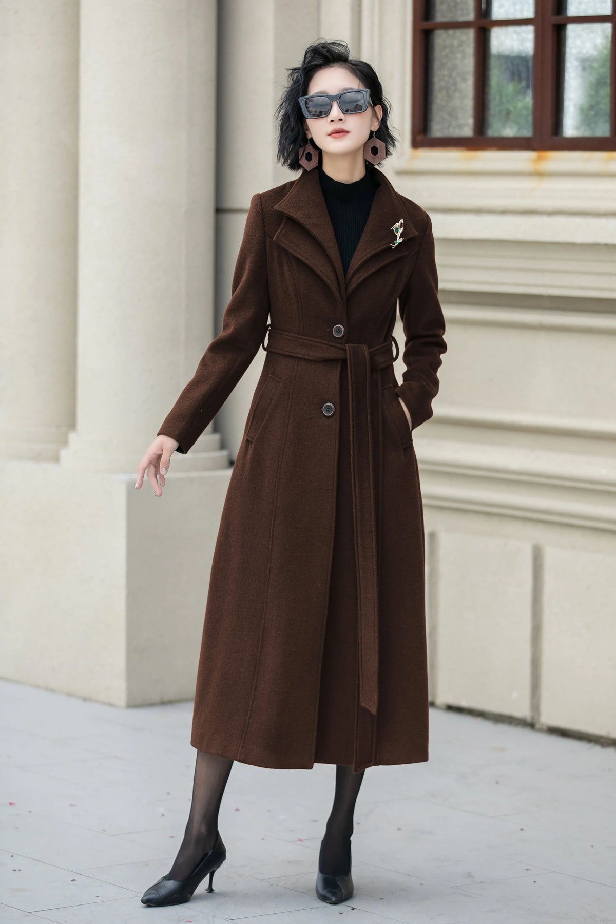 Brown Wool Midi Coat - Flared Silhouette with Fabric Belt 6306
