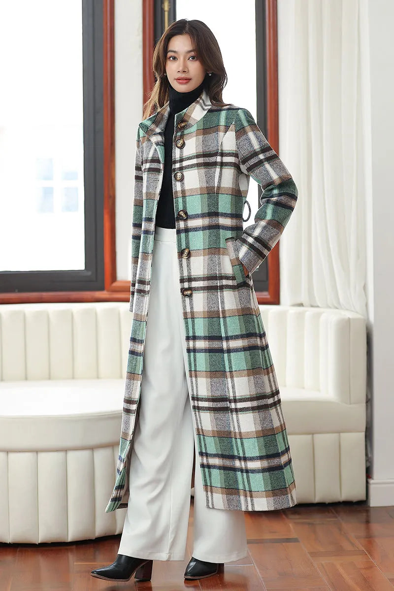 Handmade Green Plaid Wool Coat – Vintage Belted Long Winter Overcoat 