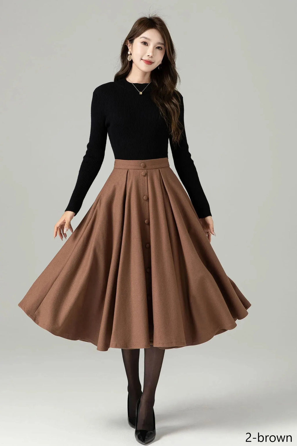 Green Wool Midi Skirt - High-Waisted A-Line with Button Detail 6562