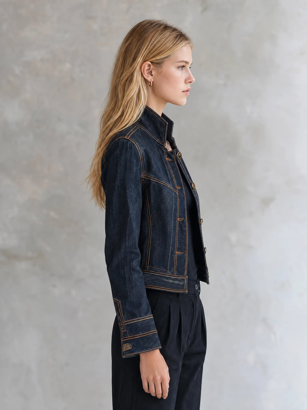 Women’s Cropped Navy Contrast Stitching Denim Jacket