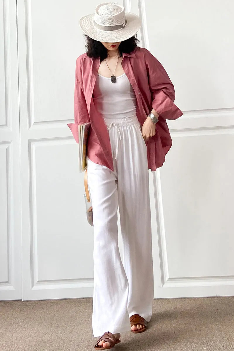 Navy Cotton Linen Wide Leg Pants - Elastic Waist Casual Comfort 3497