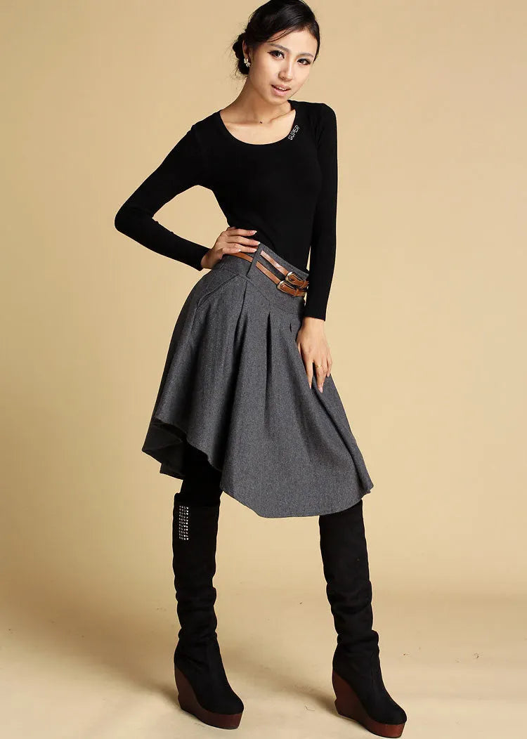Dark Gray Wool Mini Skirt – Vintage Asymmetrical Pleated Skirt with Pockets 0359