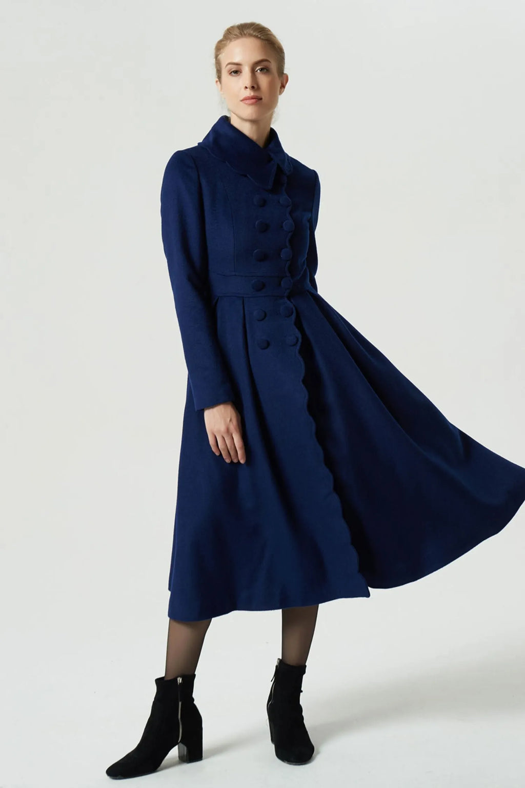 Handmade Navy Wool Coat – Vintage Princess Winter Maxi Overcoat 1971