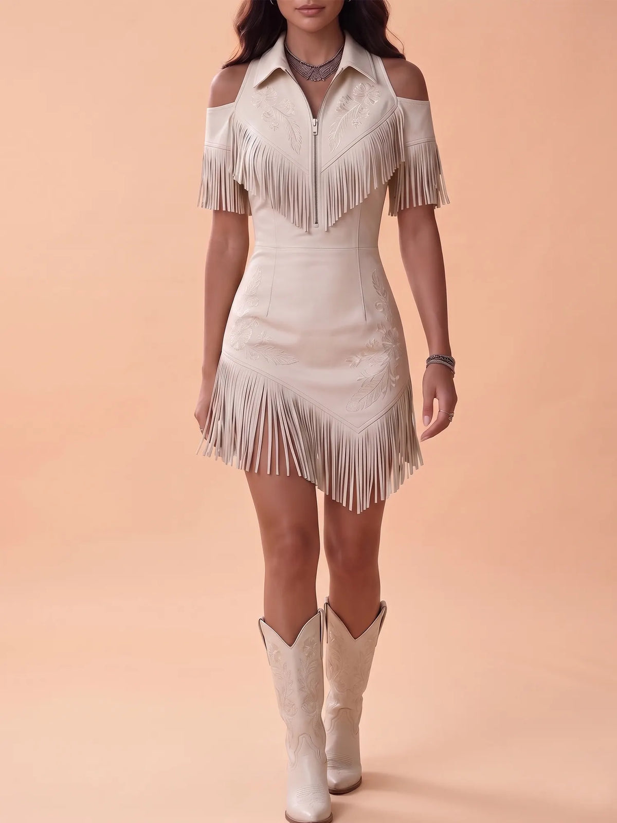Western Dress — Ivory Cream Feather Embroidered Fringe Suede Dress Mini Dress