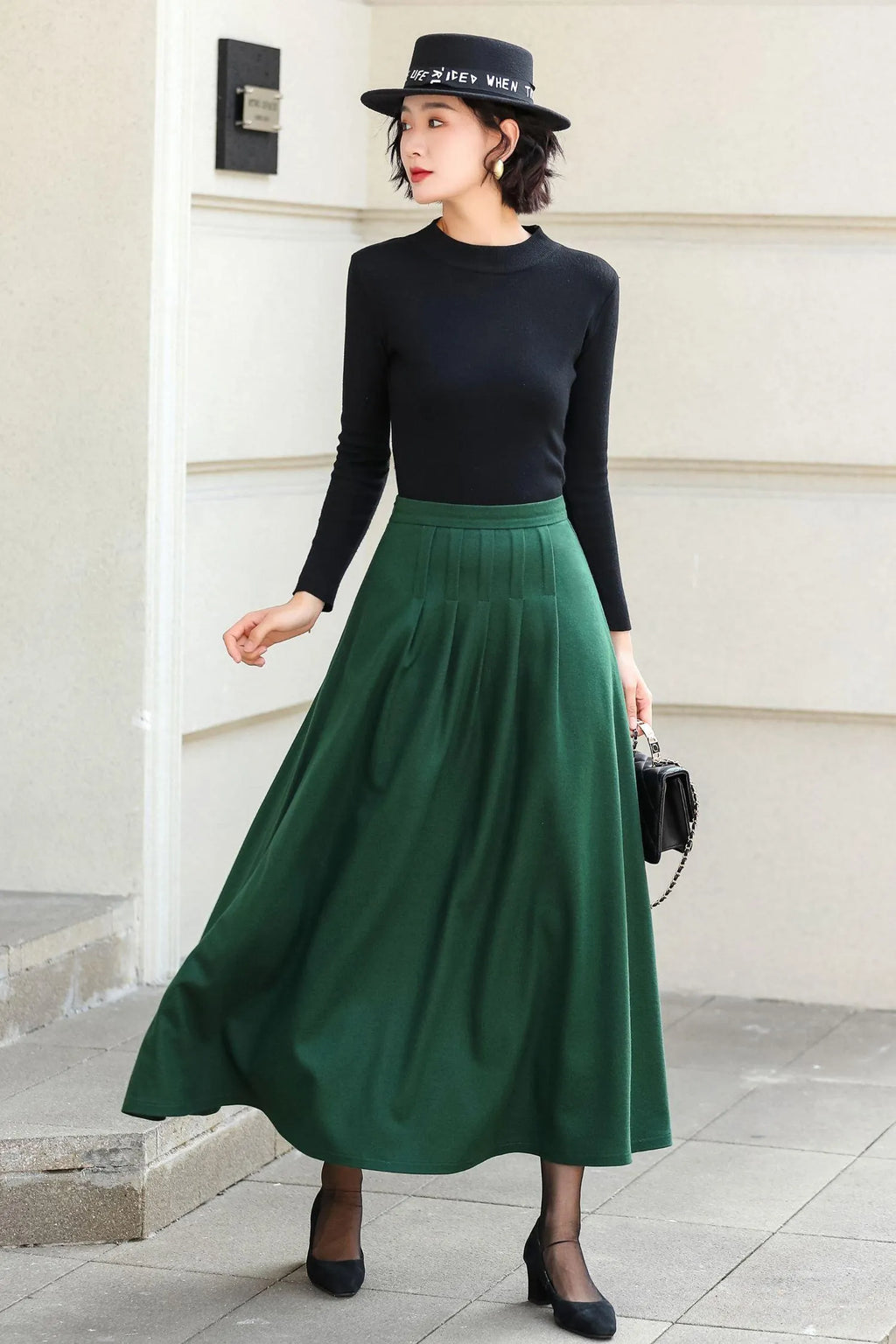 Green Wool Blend A-Line Ankle Length Skirt - High Waist Flowy 6973