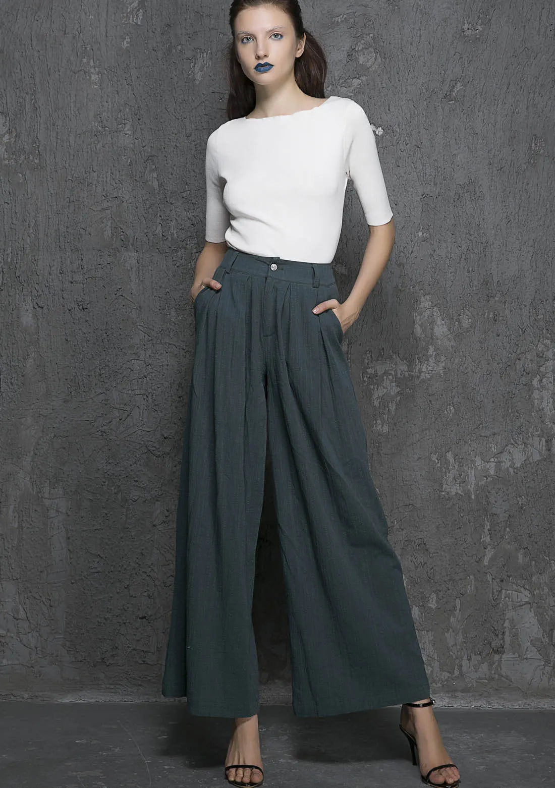 Green Linen Cotton Palazzo Pants - Wide Leg Ankle 