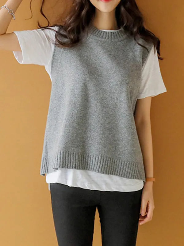 Simple Sleeveless Loose Buttoned Solid Color Round-Neck Sweater Vest Outerwear