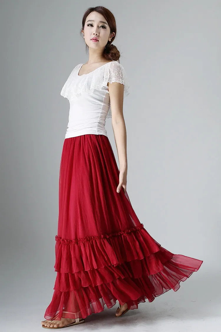 Elegant Handmade Red Chiffon Skirt – Layered Ruffle Maxi for Women 