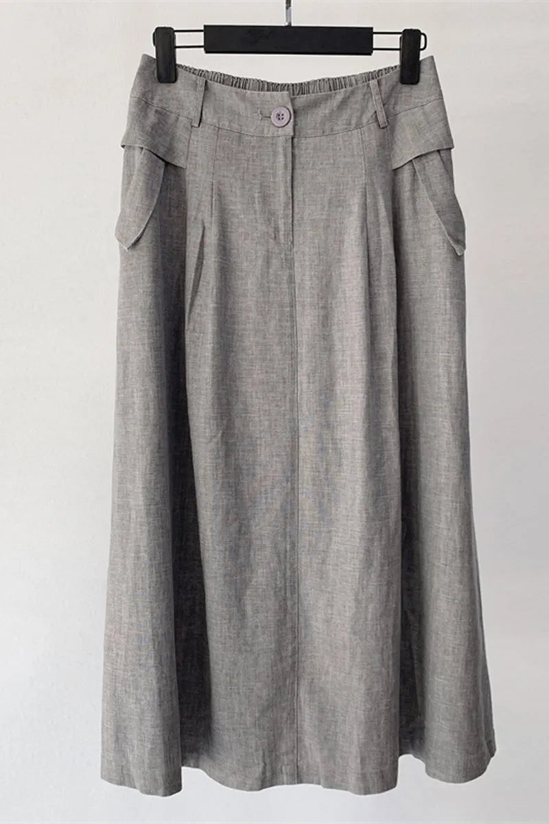 Gray Linen Midi Skirt - Elegant Back Elastic Waist with Pockets 4359
