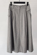 Gray Linen Midi Skirt - Elegant Back Elastic Waist with Pockets 4359