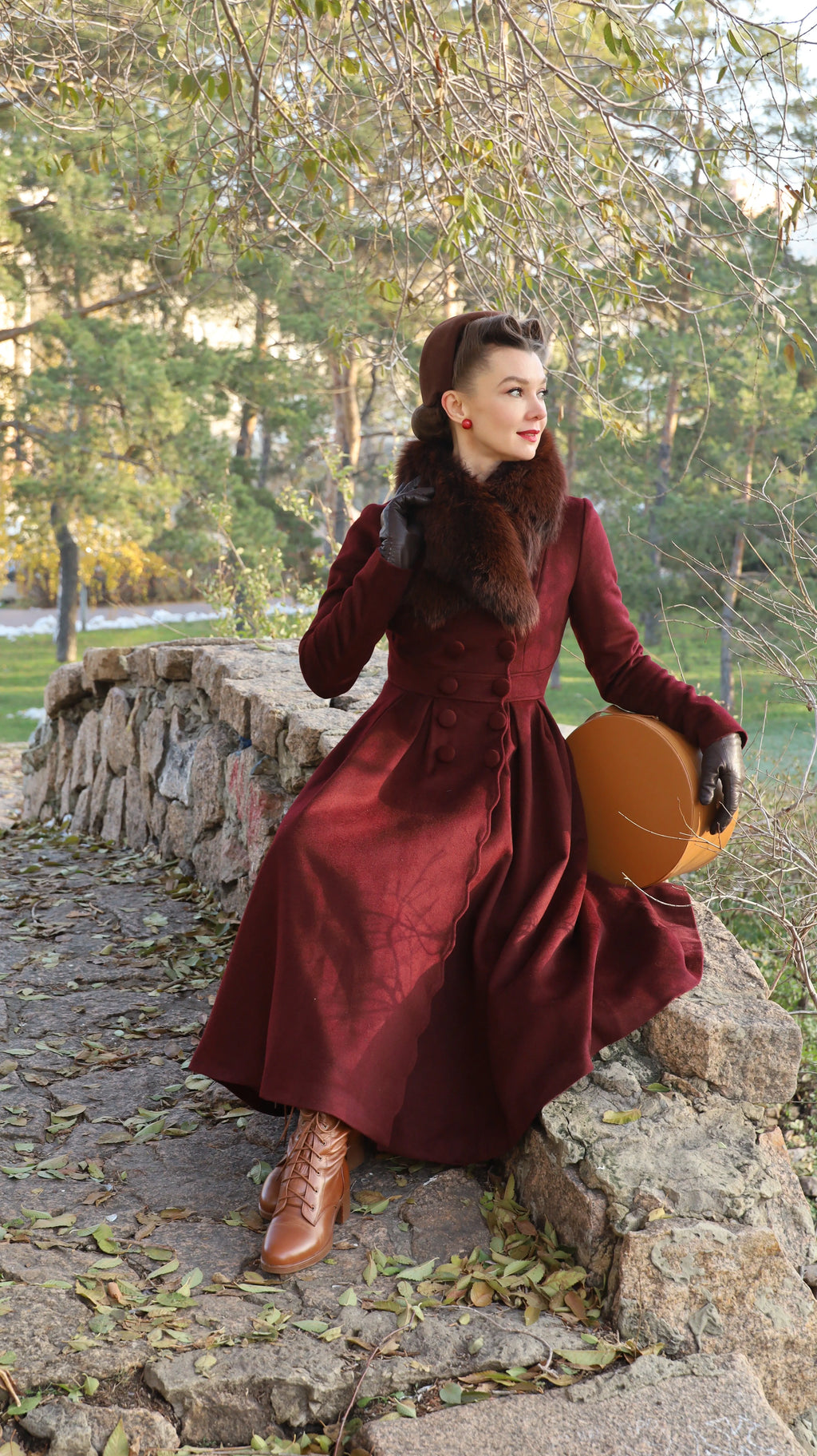 Burgundy Wool Princess Coat – Handcrafted Vintage Fit and Flare Long Winter Coat 4724