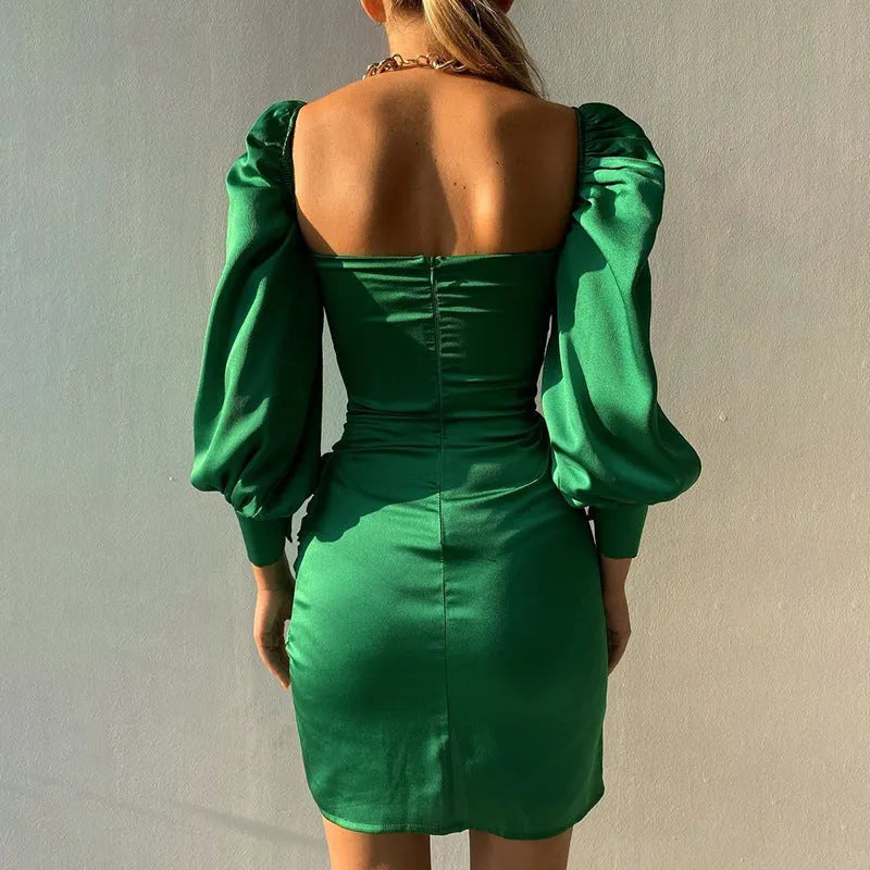 Elyssa Satin Ruffle Mini Dress - Emerald