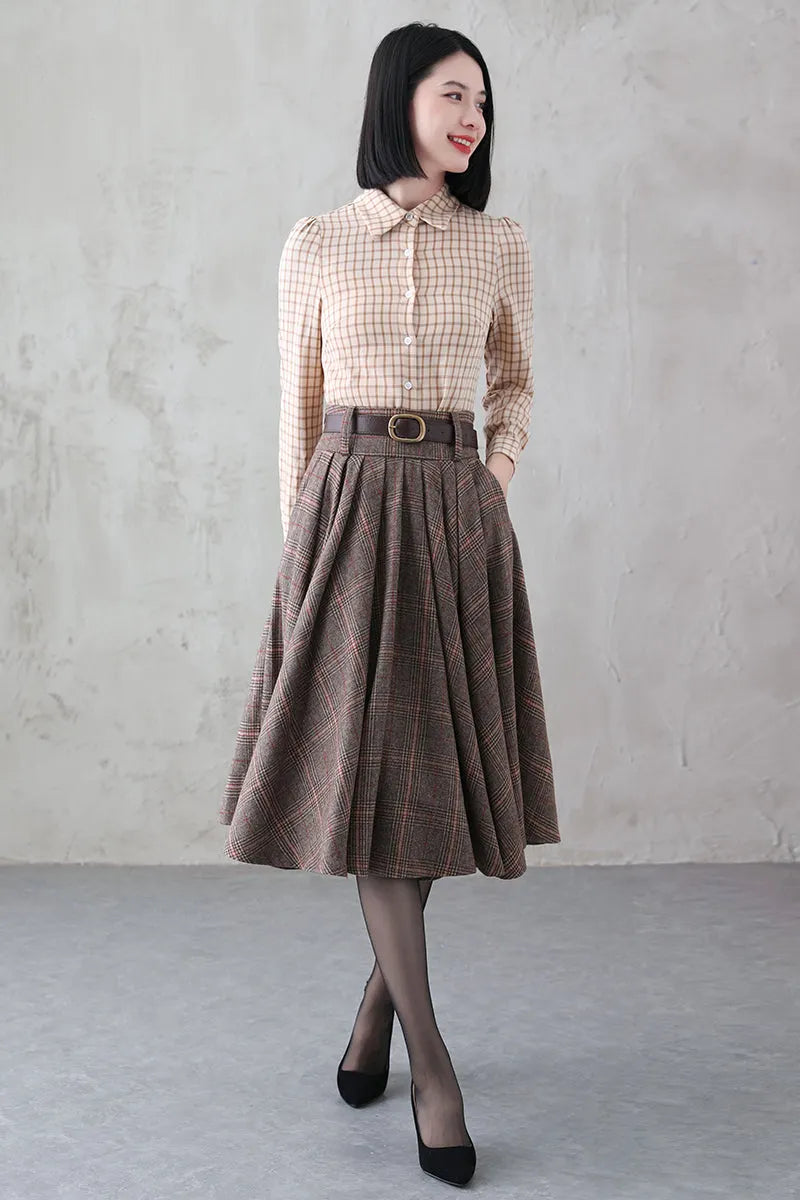 Handmade Brown Plaid Wool Midi Skirt – Vintage Pleated Circle Skirt 