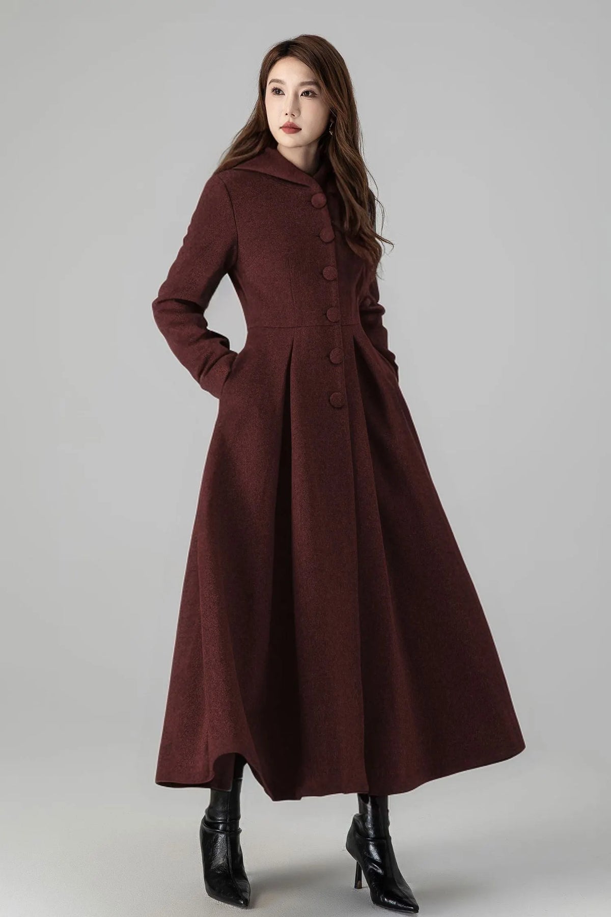 Burgundy Hooded Wool Maxi Coat – Vintage Swing Long Winter Overcoat 5242