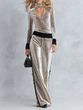 Women's Ivory Polka-Dot Print Velvet Top and Lace-Trimmed Wide-Leg Pants Set