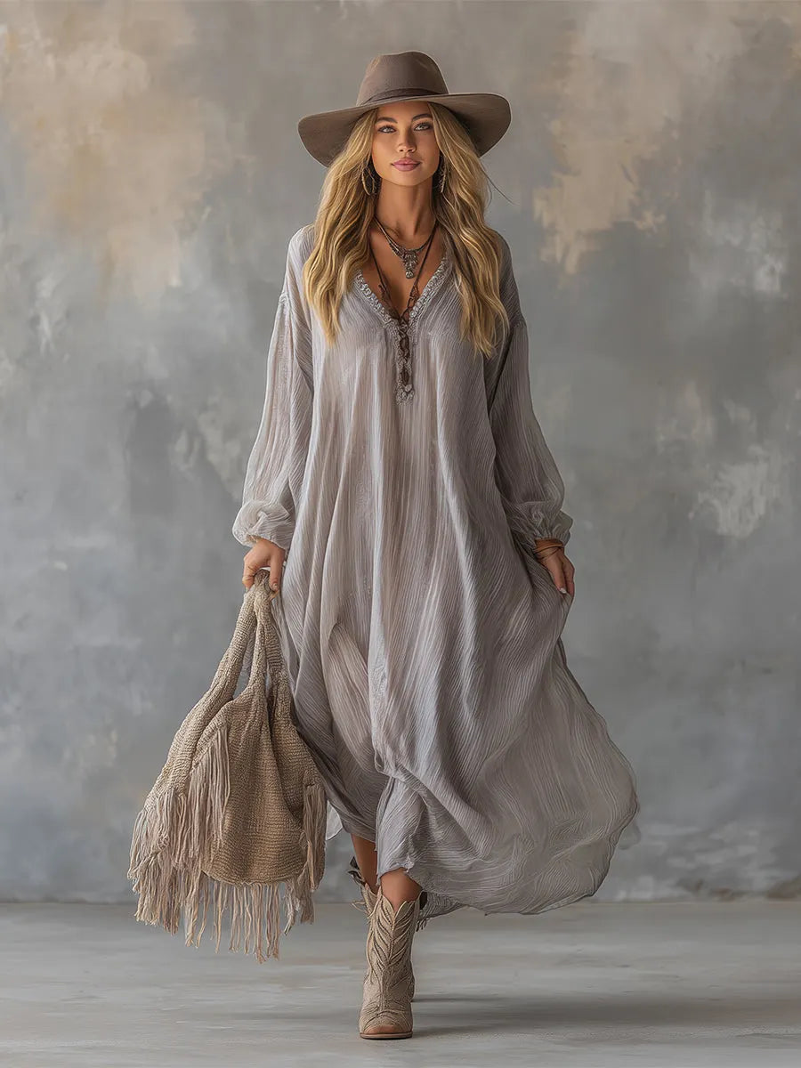 Lazy And Elegant V-neck Light Gray Crinkled Chiffon Maxi Dress