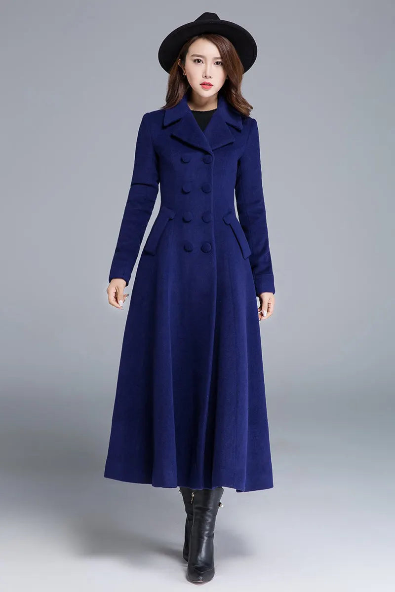 Blue Wool Winter Coat – Double Breasted Long Overcoat with Pockets  1685