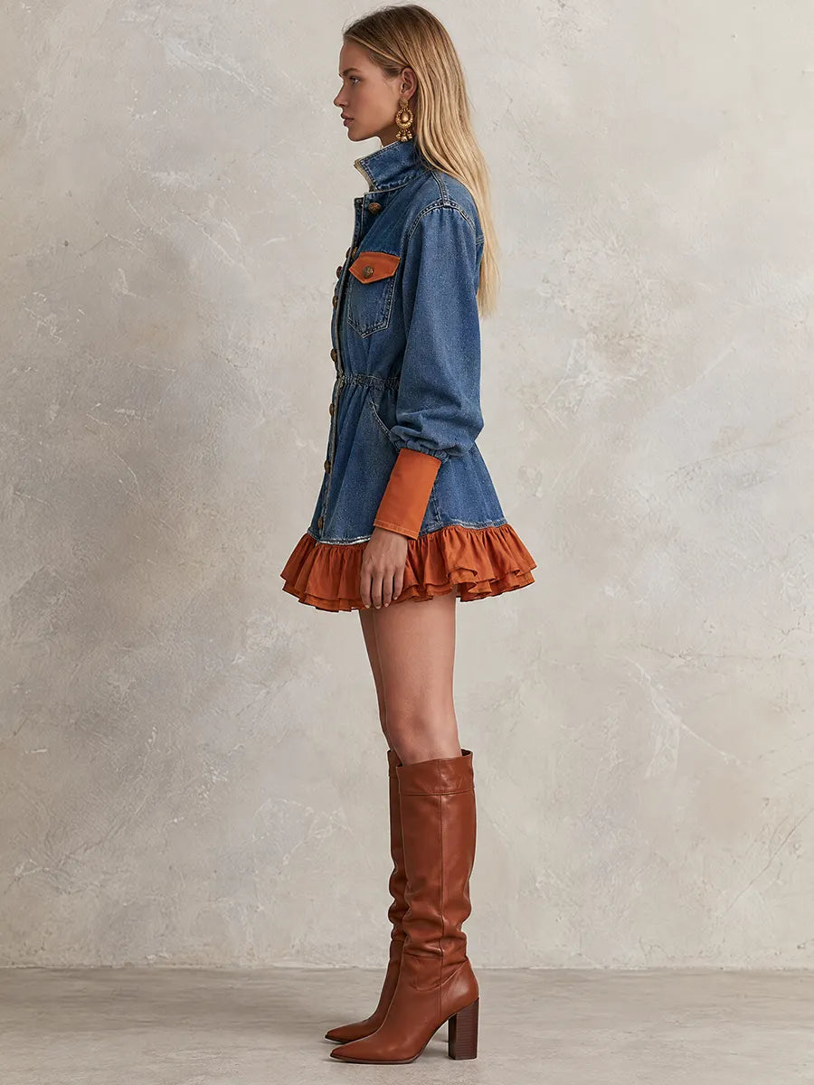 Blue Denim Ruffle Hem Button Front Mini Dress