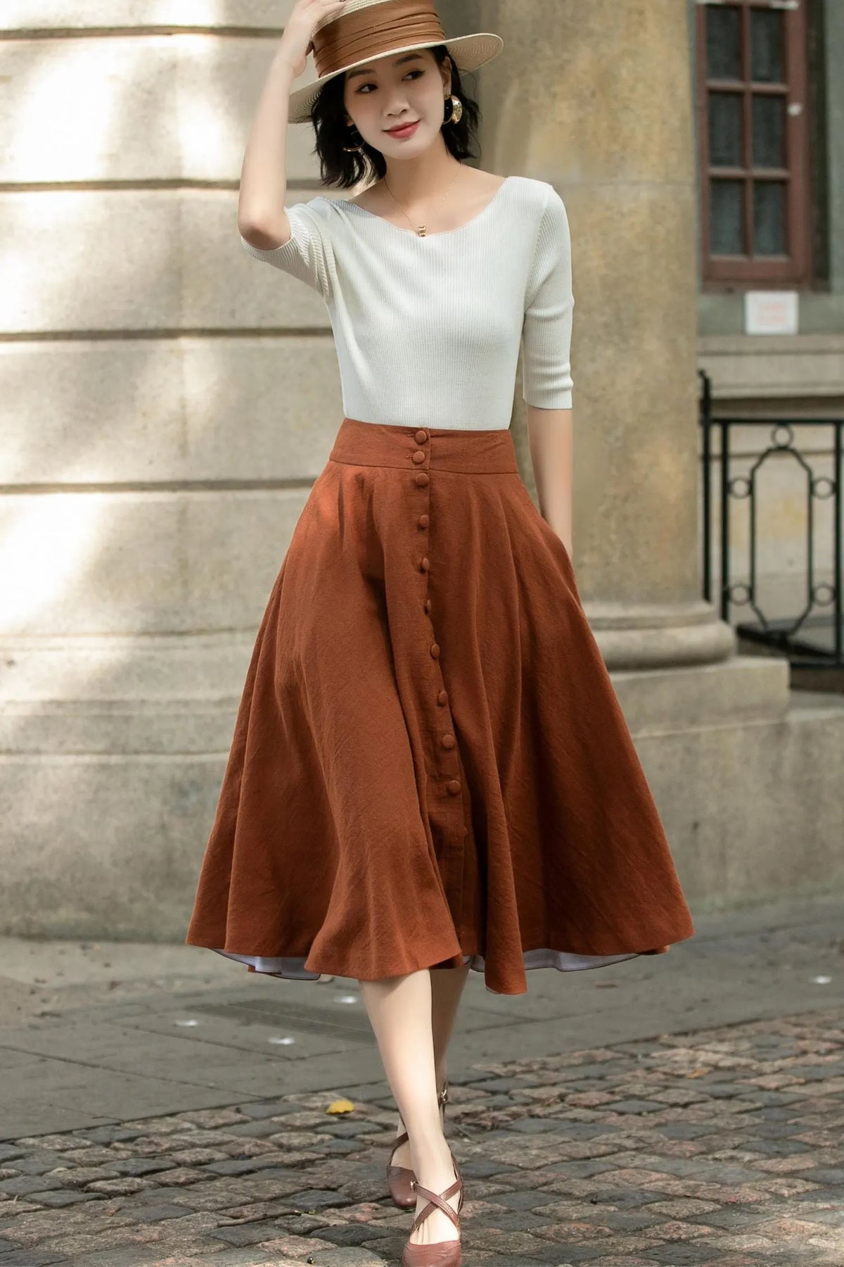 Handmade Linen Midi Skirt – Rust Brown Button Front Swing Skirt 