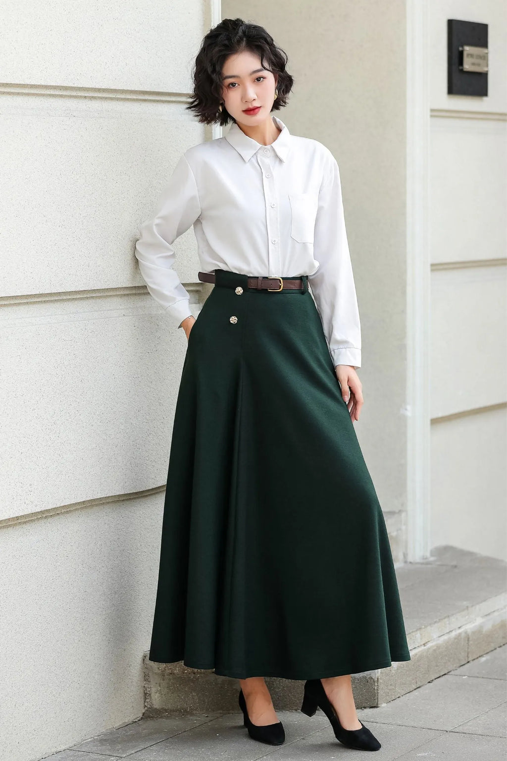 Dark Green Wool A-Line Ankle-Length Skirt - Flowy Elegant Winter Style 6976