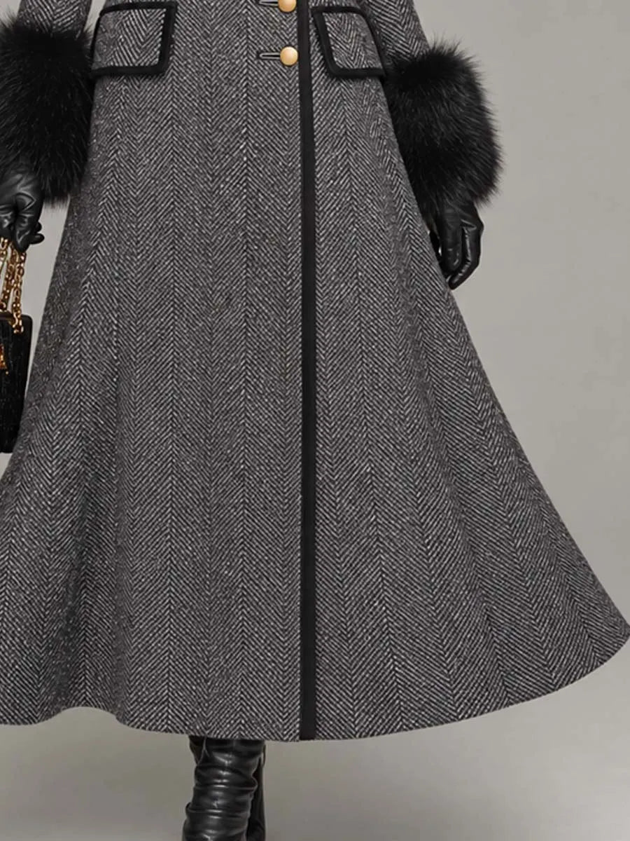 Vintage-style Herringbone Wool-blend Long Coat