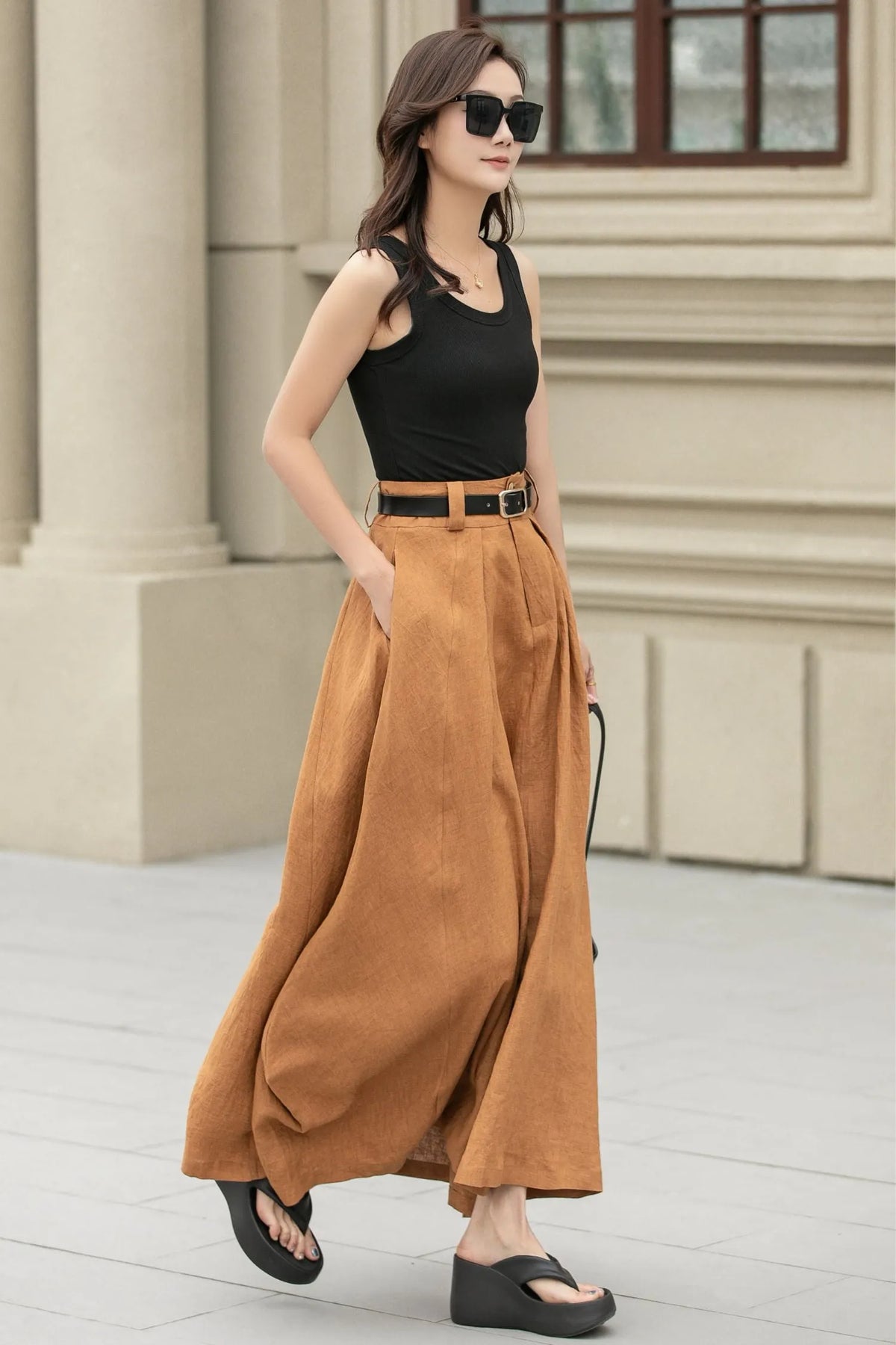 Camel Linen Skirt – Handmade High Waist Long Summer Skirt 