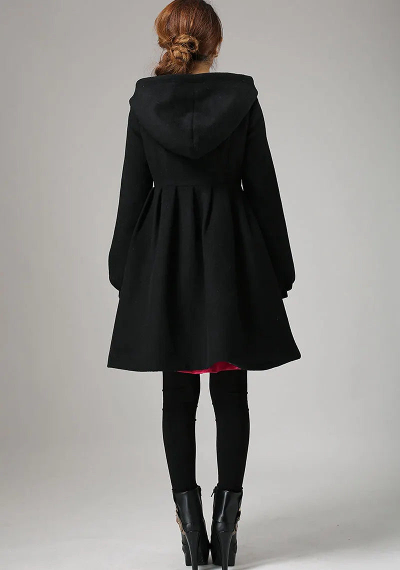 Black Hooded Wool Coat – Handmade Single-Breasted Winter Short Coat 