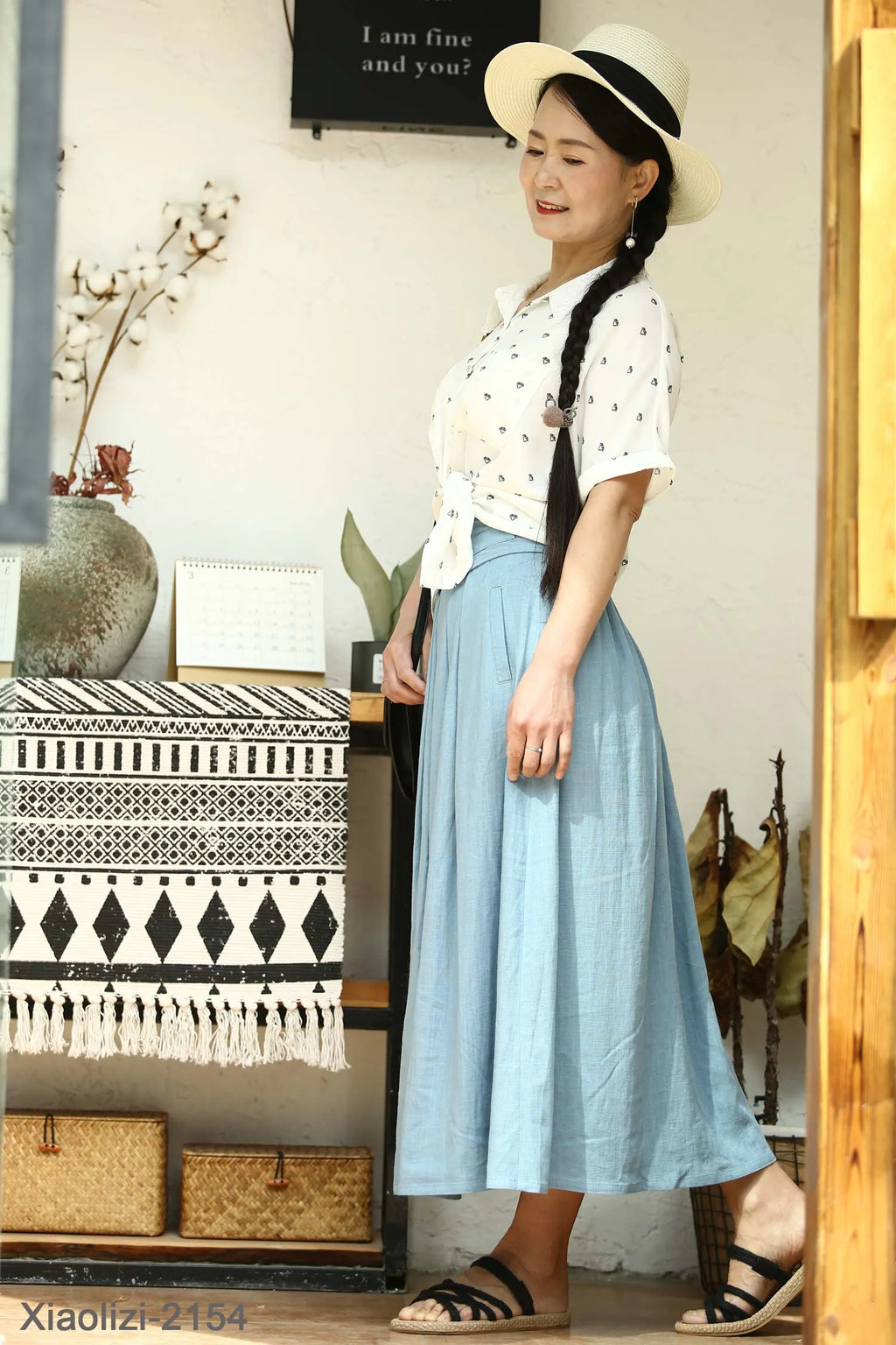 Women’s Brown Linen-Cotton Maxi Skirt – Elastic Waist Long Pleated Skirt 