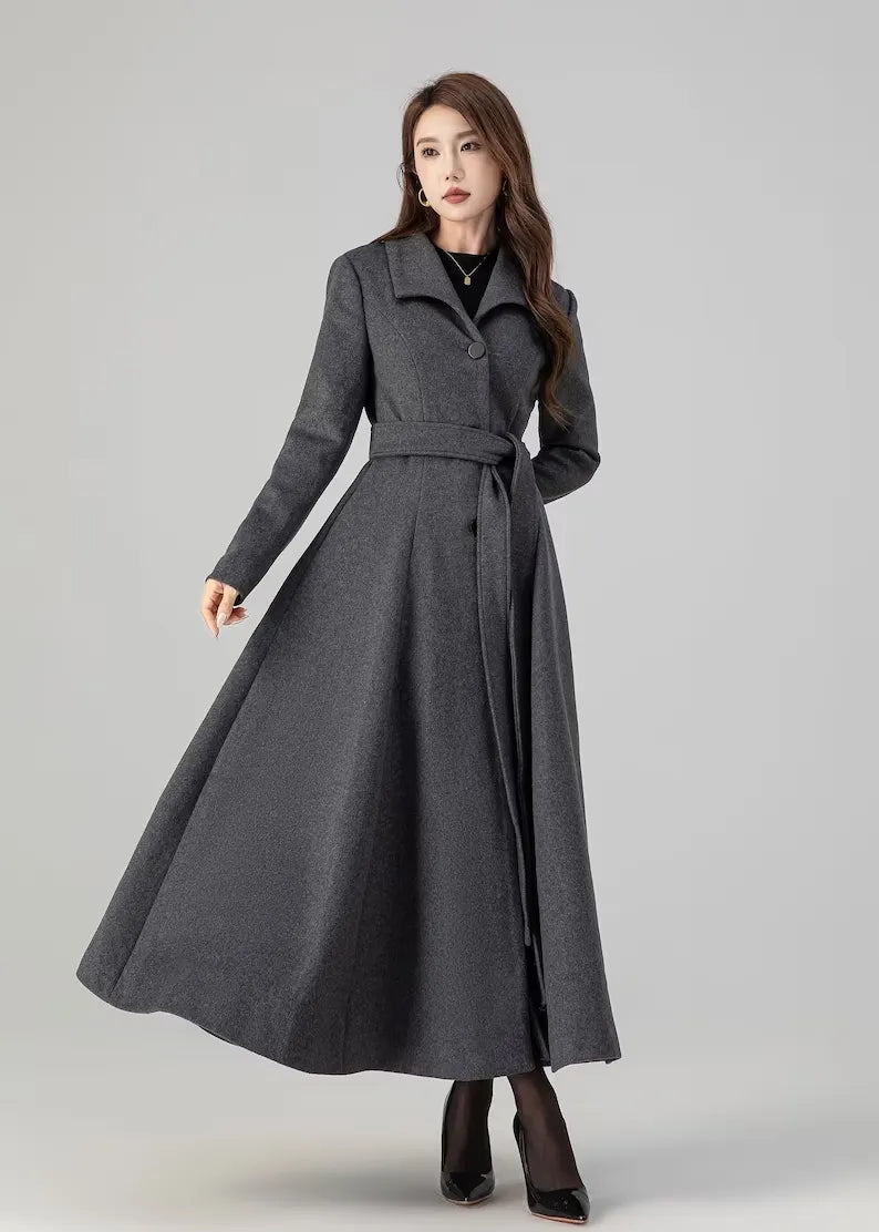 Vintage Gray Wool Blend Coat – Elegant Belted A-Line Maxi Coat 