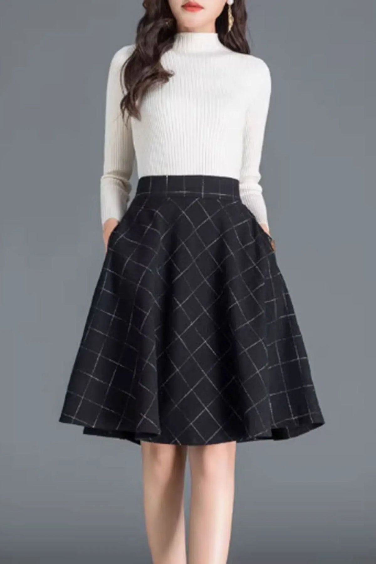 Black Wool Skater Skirt - Elegant A-Line Winter Essential 4655-4