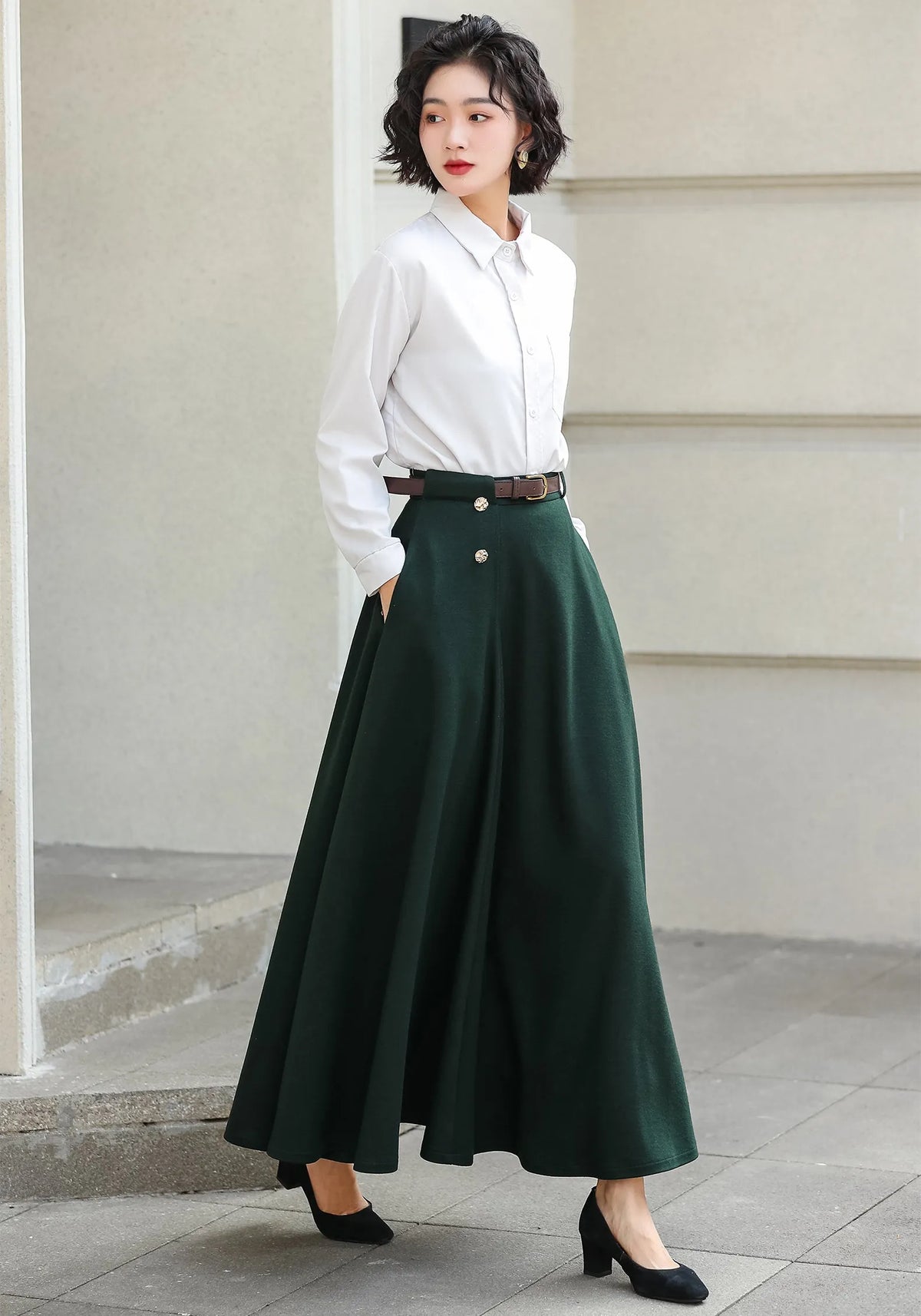 Dark Green Wool A-Line Ankle-Length Skirt - Flowy Elegant Winter Style 6976