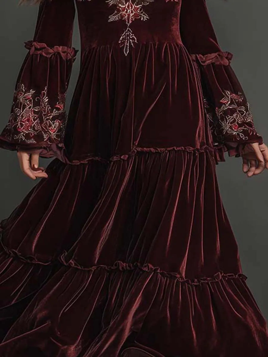Velvet Bohemian Embroidered Maxi Dress