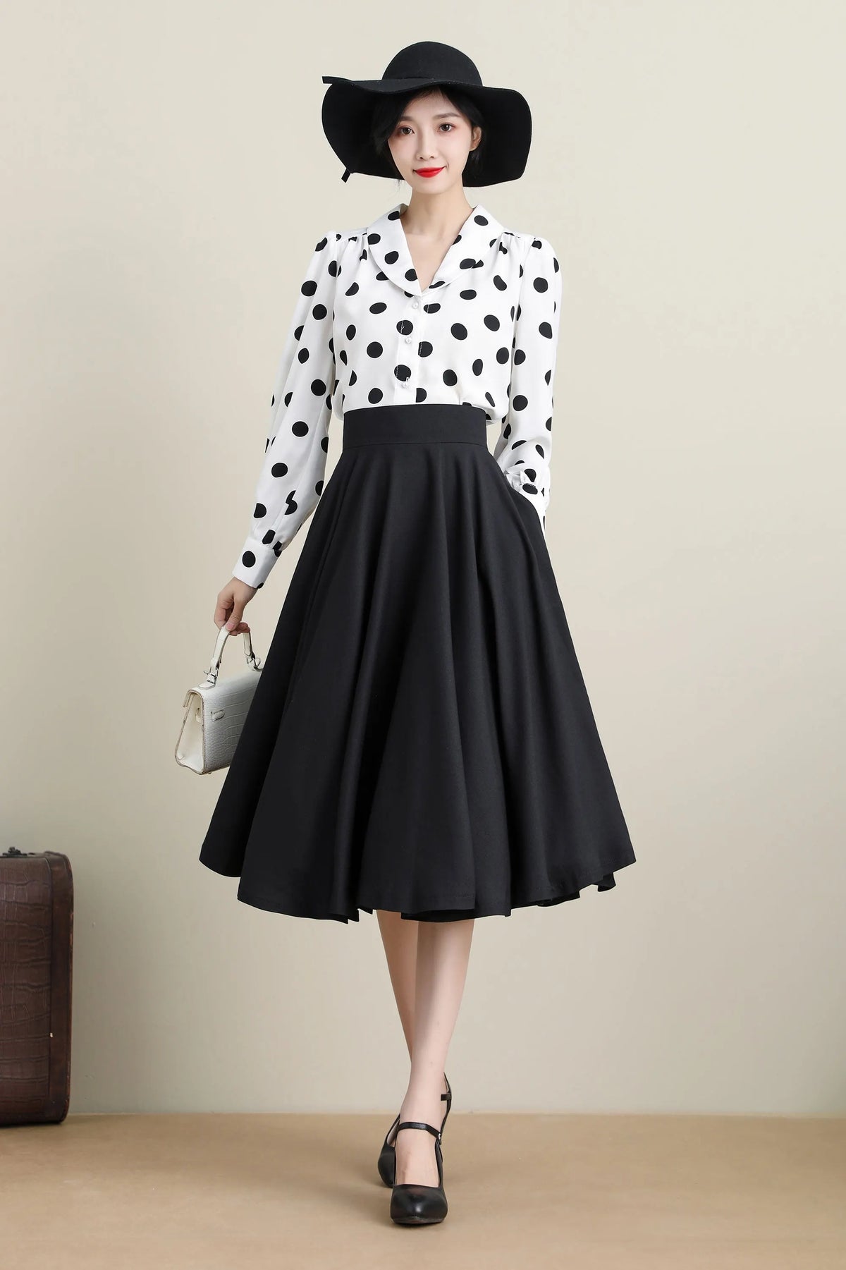 Black Cotton Linen Midi Skirt - High Waist Circle Swing 