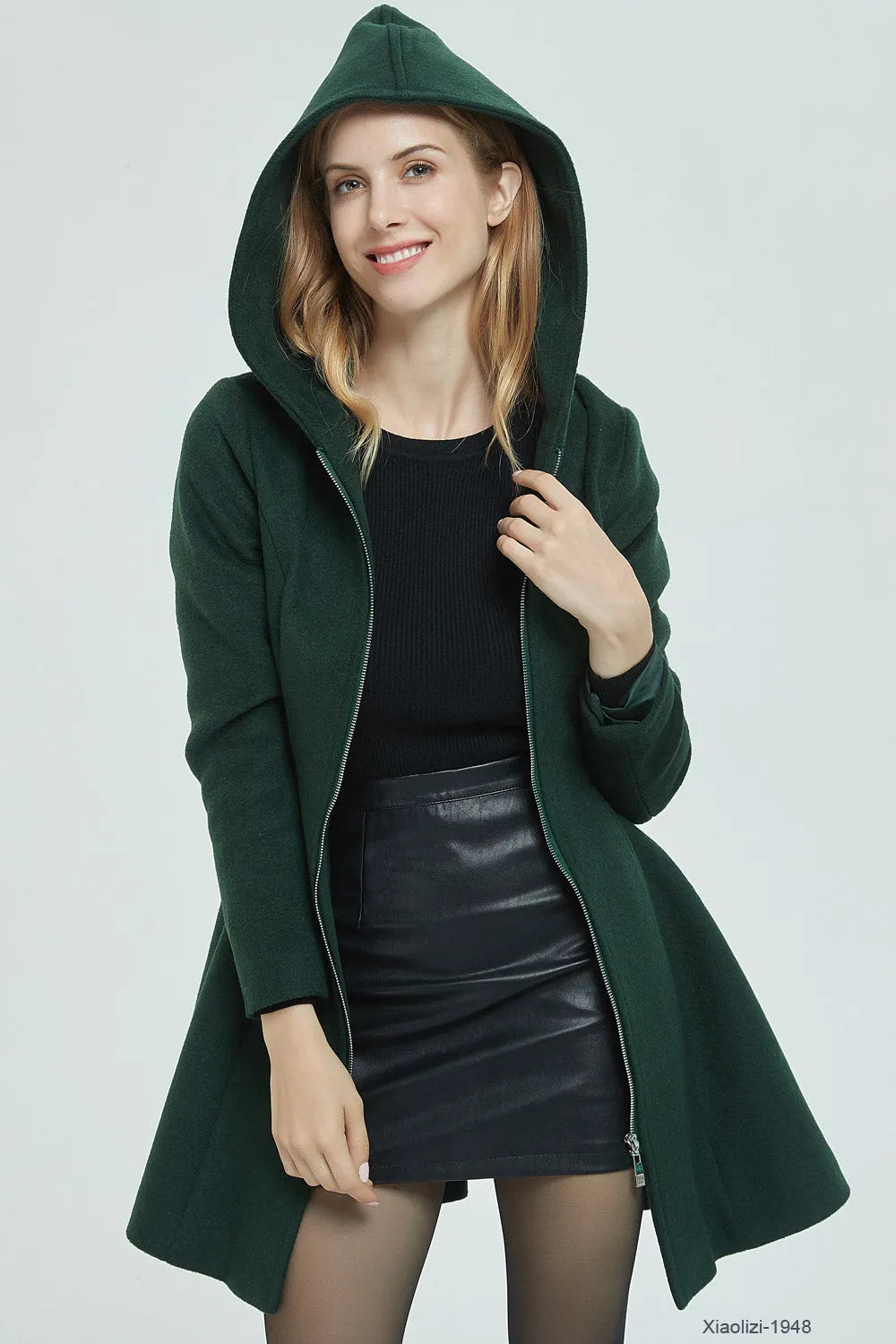 Green Wool Coat - Hooded, Short Length with Front Zipper 1948