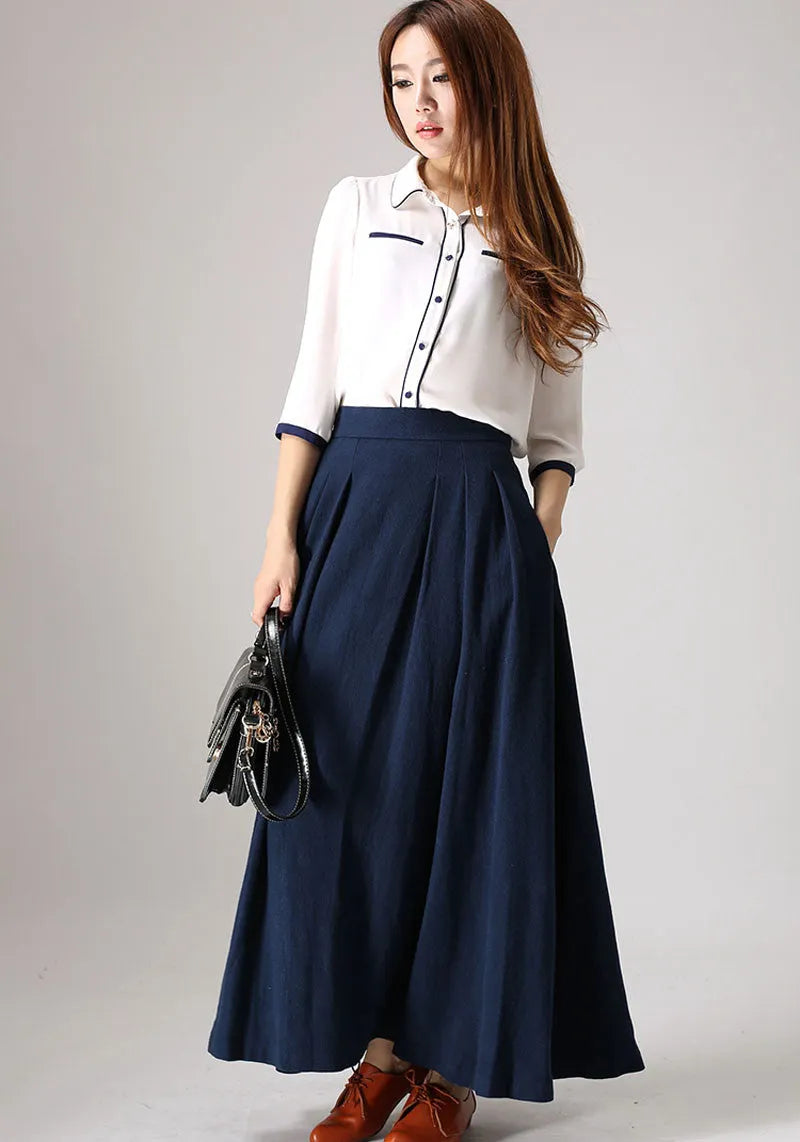 Navy Linen Cotton Maxi Skirt - High Waist A-Line Pleated Silhouette 855