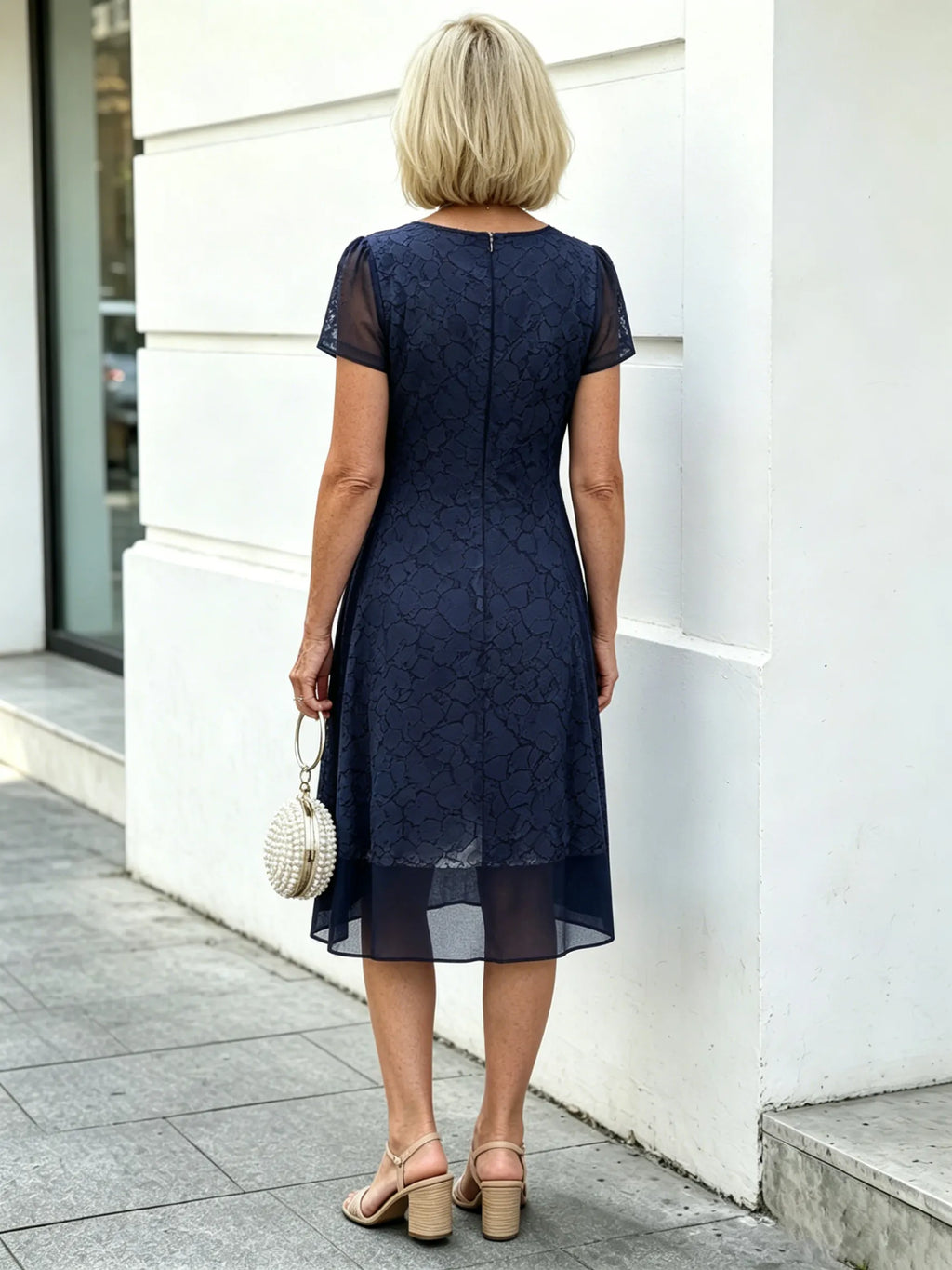 Navy Blue Printed Mesh Layered Midi Dress, Round Neck Short Sleeve Straight A-Line Tummy Concealing Dress for Mature Wom