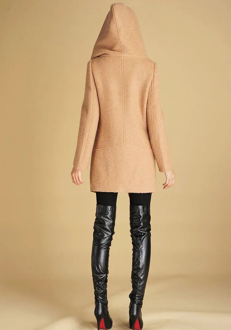 Camel Asymmetrical Wool Coat – Modern Short Winter Coat with Oversized Collar 